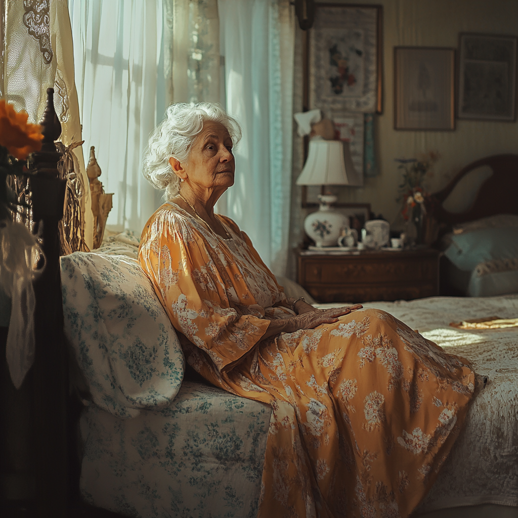 Femme âgée fortunée se détendant dans sa chambre à coucher | Source : Midjourney