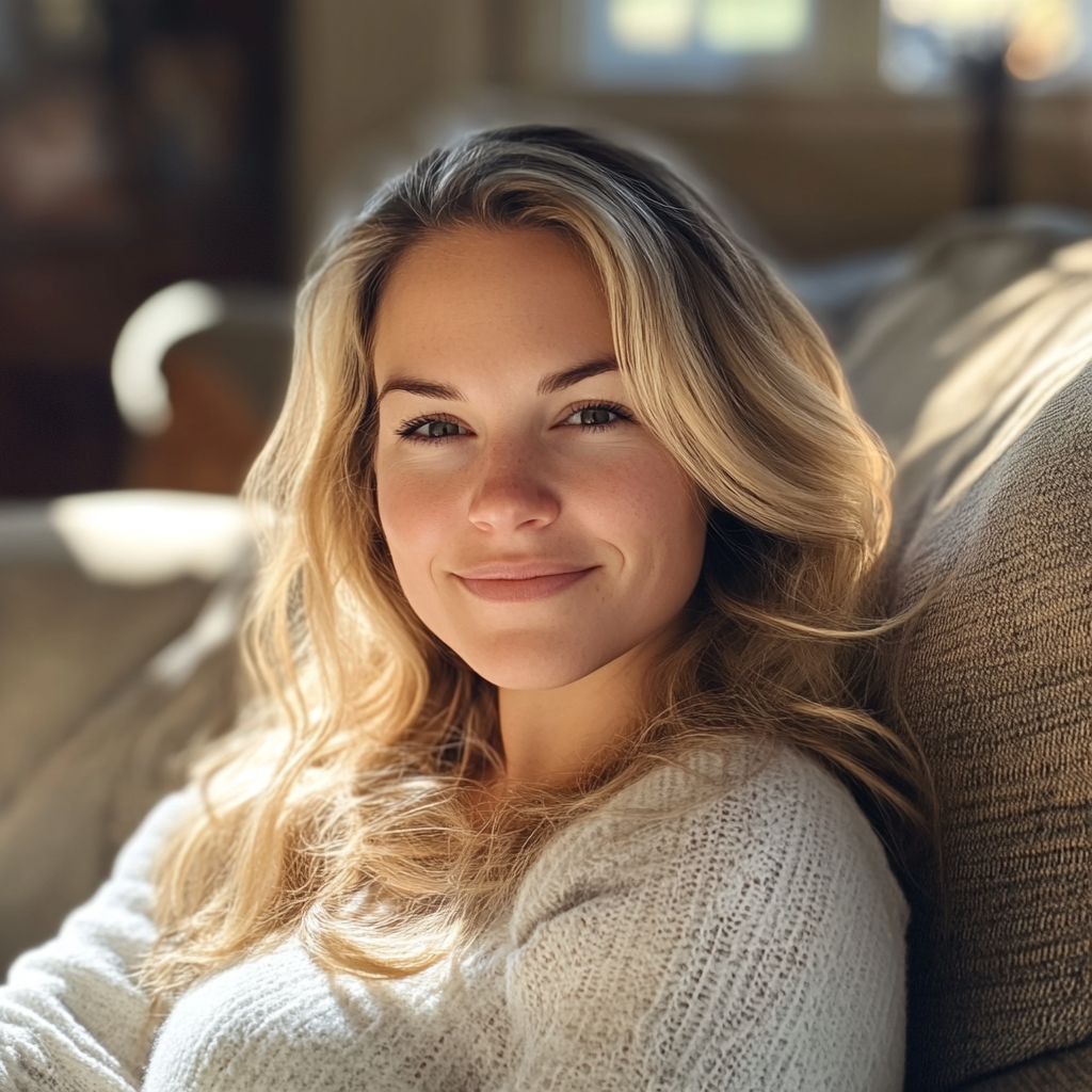 Une femme souriante se reposant sur un canapé | Source : Midjourney