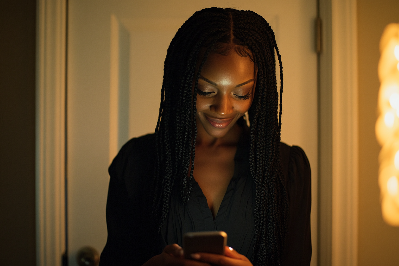 Une femme dans un salon, souriant tout en envoyant des textos | Source : Midjourney