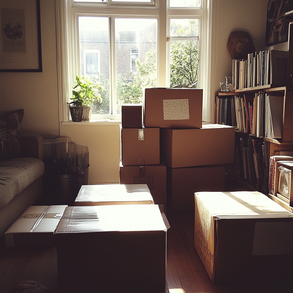 Boîtes en carton dans un salon | Source : Midjourney