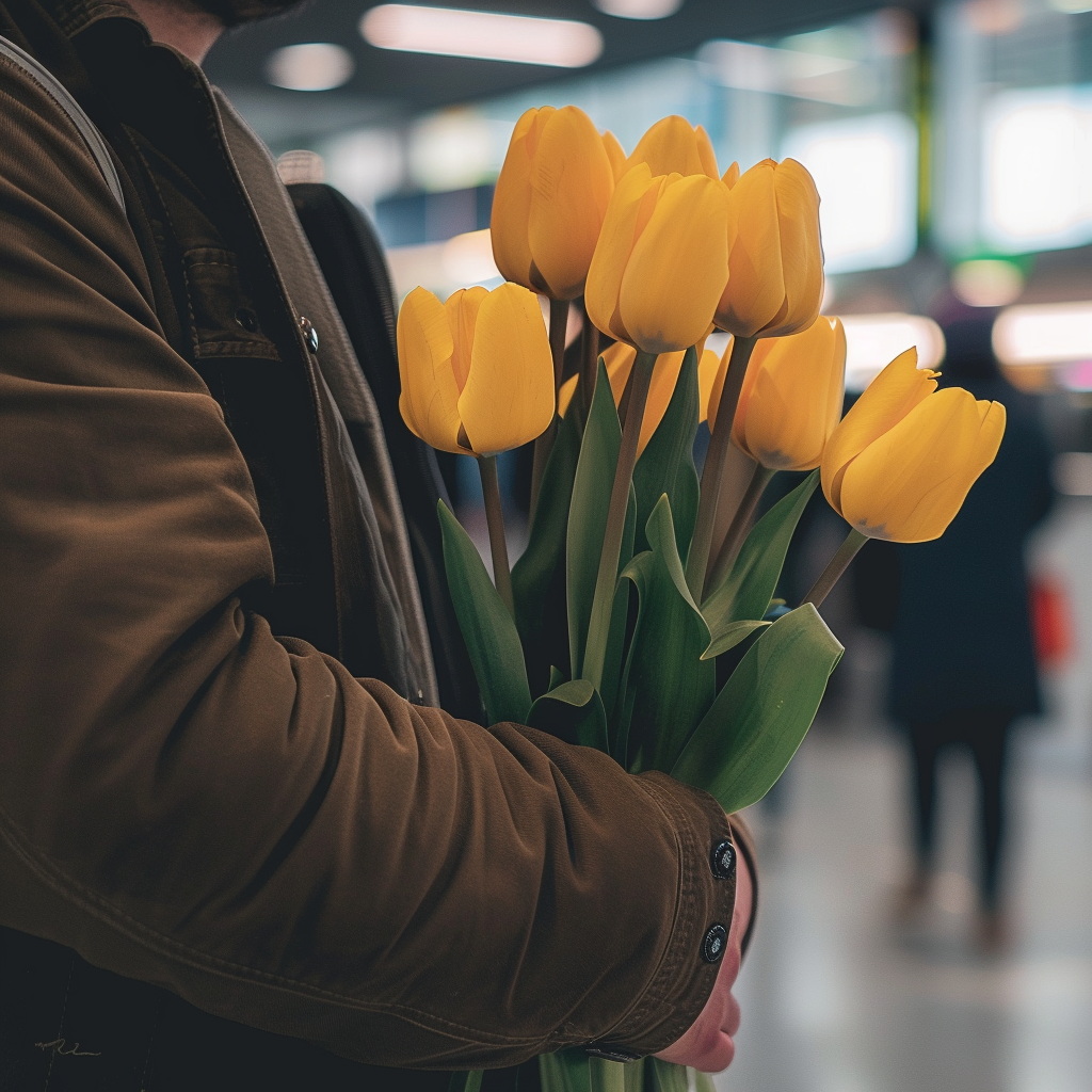 A man holding yellow tulips | Source: Midjourney