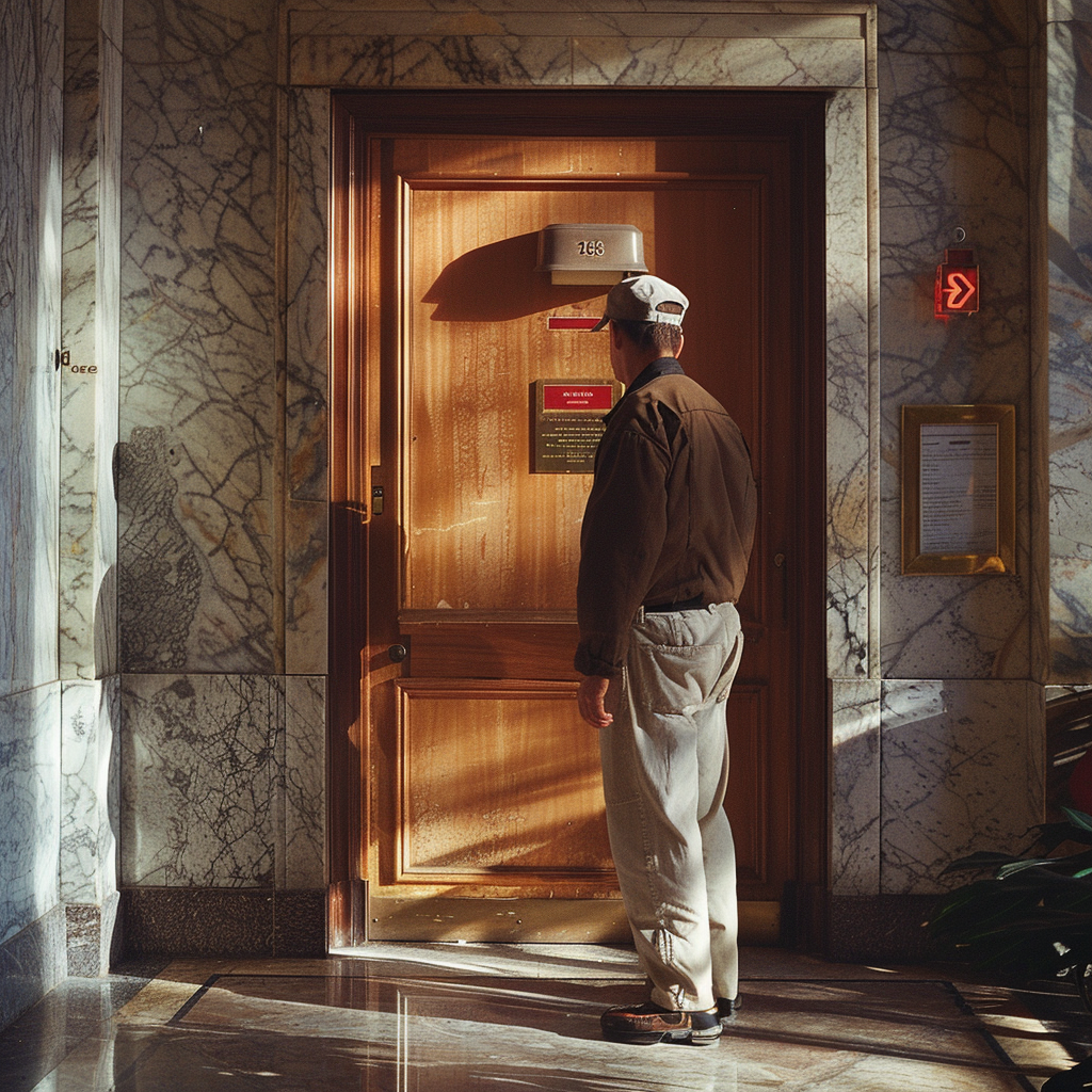 Homme debout devant la porte d'une chambre d'hôtel | Source : Mijourney