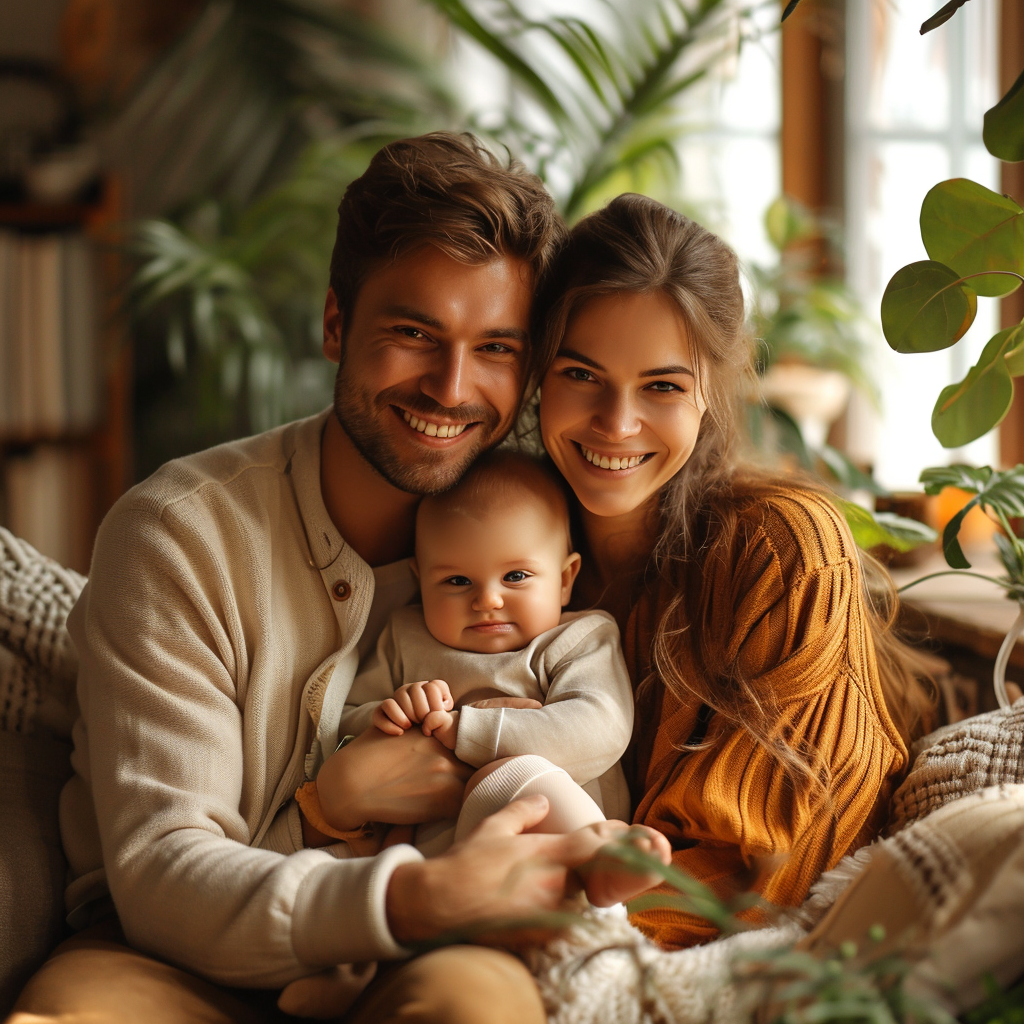 Parents souriants avec un bébé | Source : Midjourney