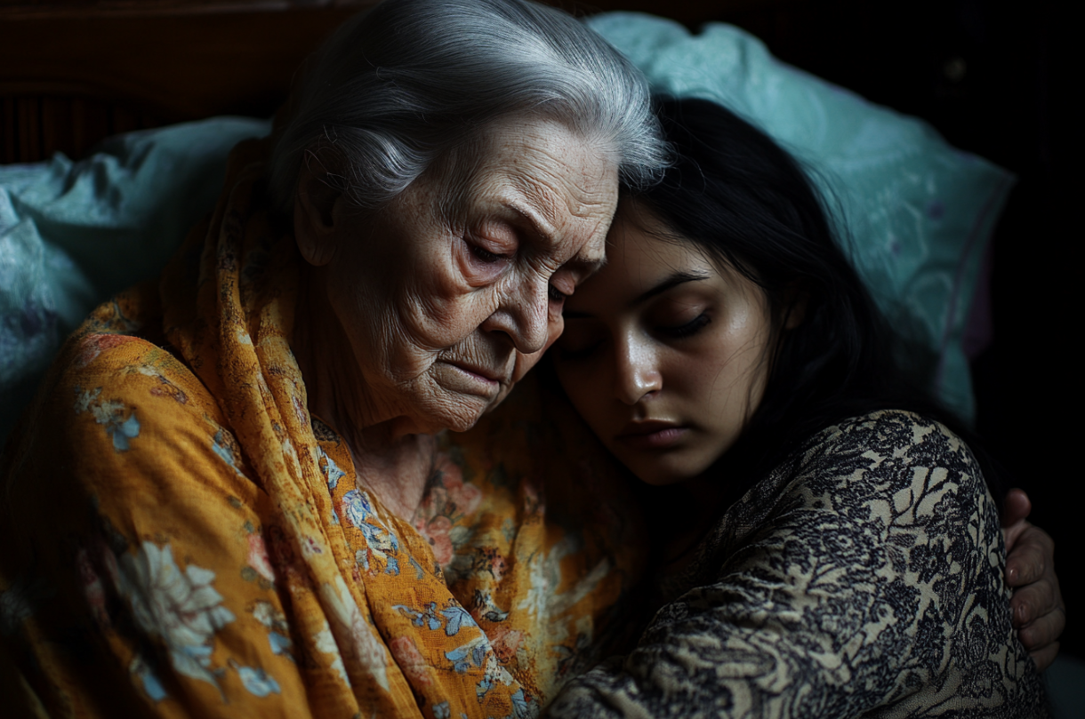 Une femme allongée à côté de sa mère | Source : Midjourney