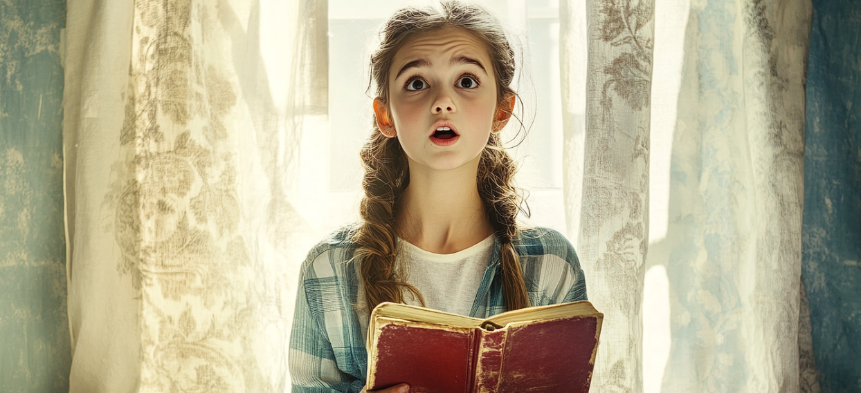 Une fille qui tient un livre ouvert et qui a l'air surprise | Source : Midjourney