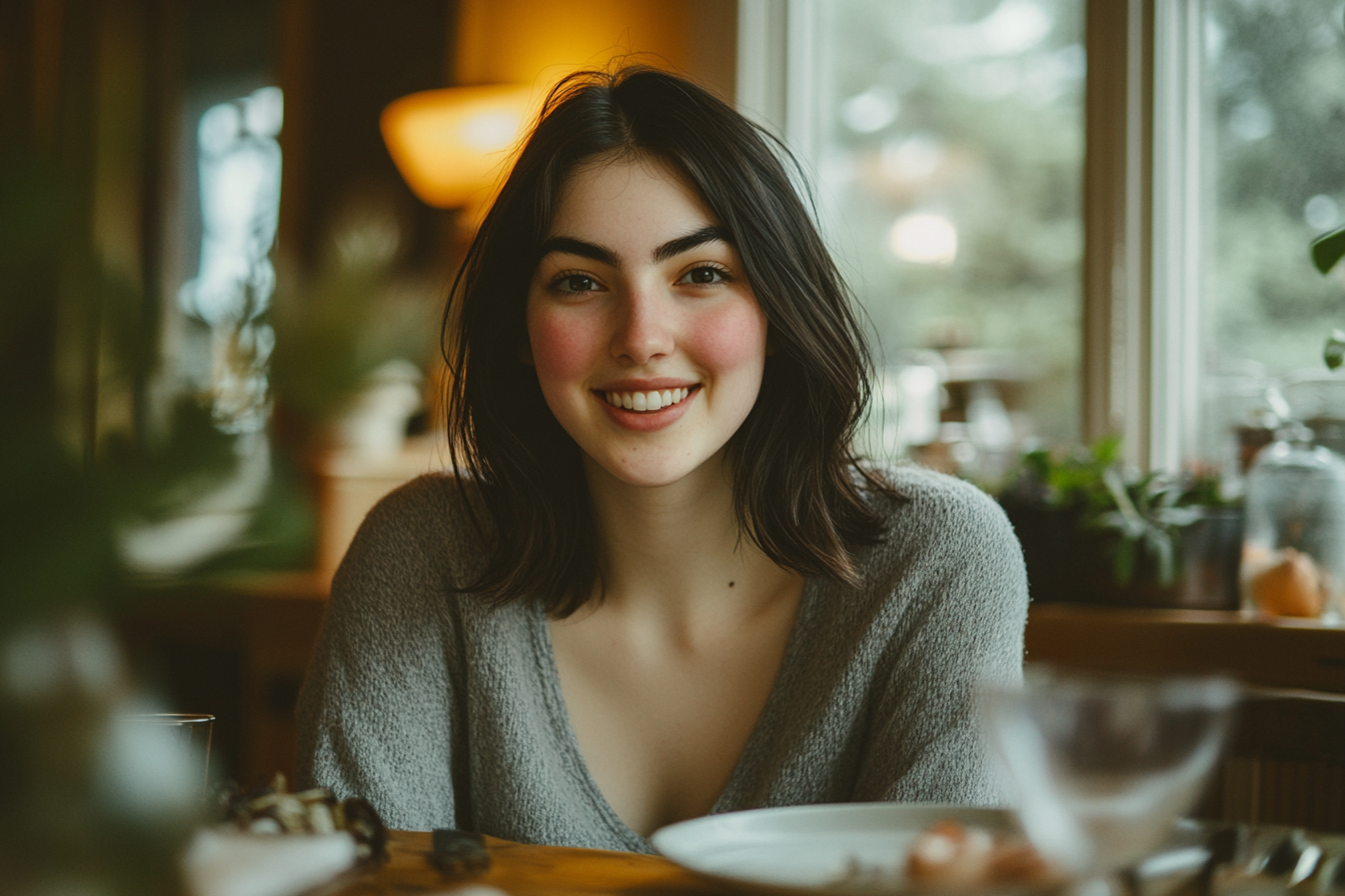 Une femme assise à une table de dîner | Source : Midjourney