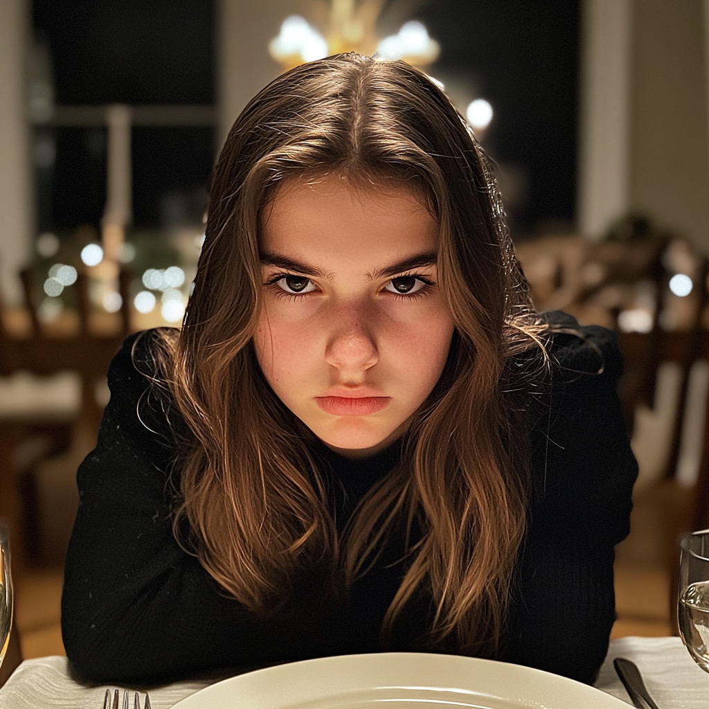 Une fille bouleversée assise à une table | Source : Midjourney