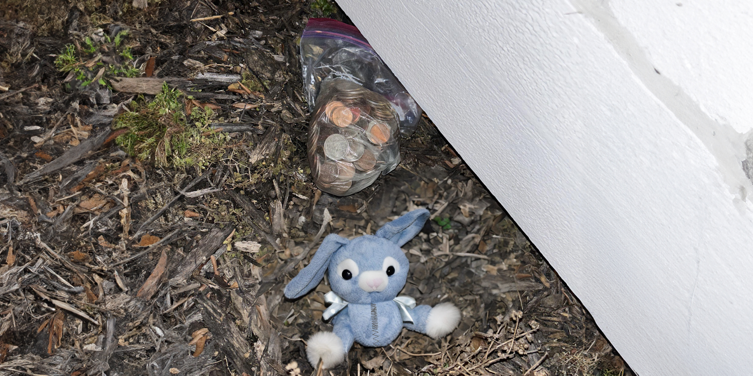 Un sac de pièces de monnaie et un lapin en peluche reposant sous une clôture | Source : Amomama