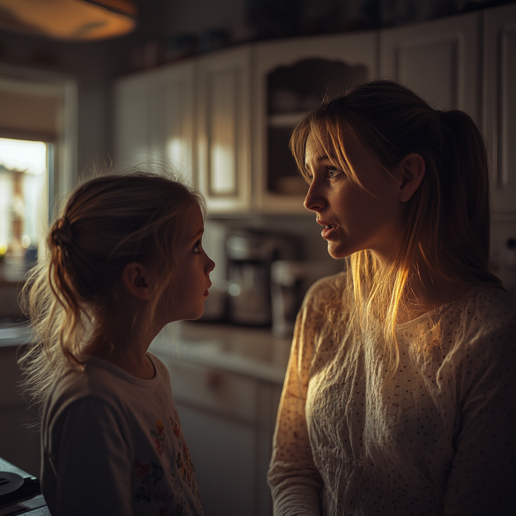 Une petite fille inquiète qui parle à sa mère | Source : Midjourney