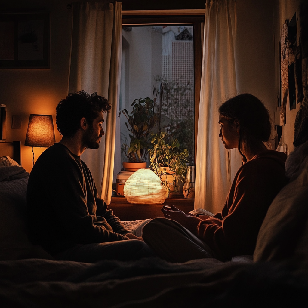 Couple ayant une conversation dans leur chambre à coucher | Source : Midjourney