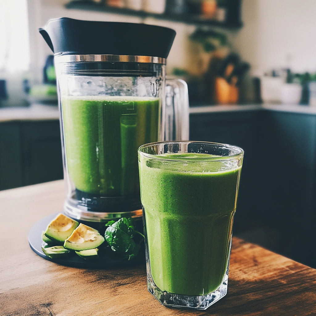 Un smoothie vert sur un comptoir | Source : Midjourney