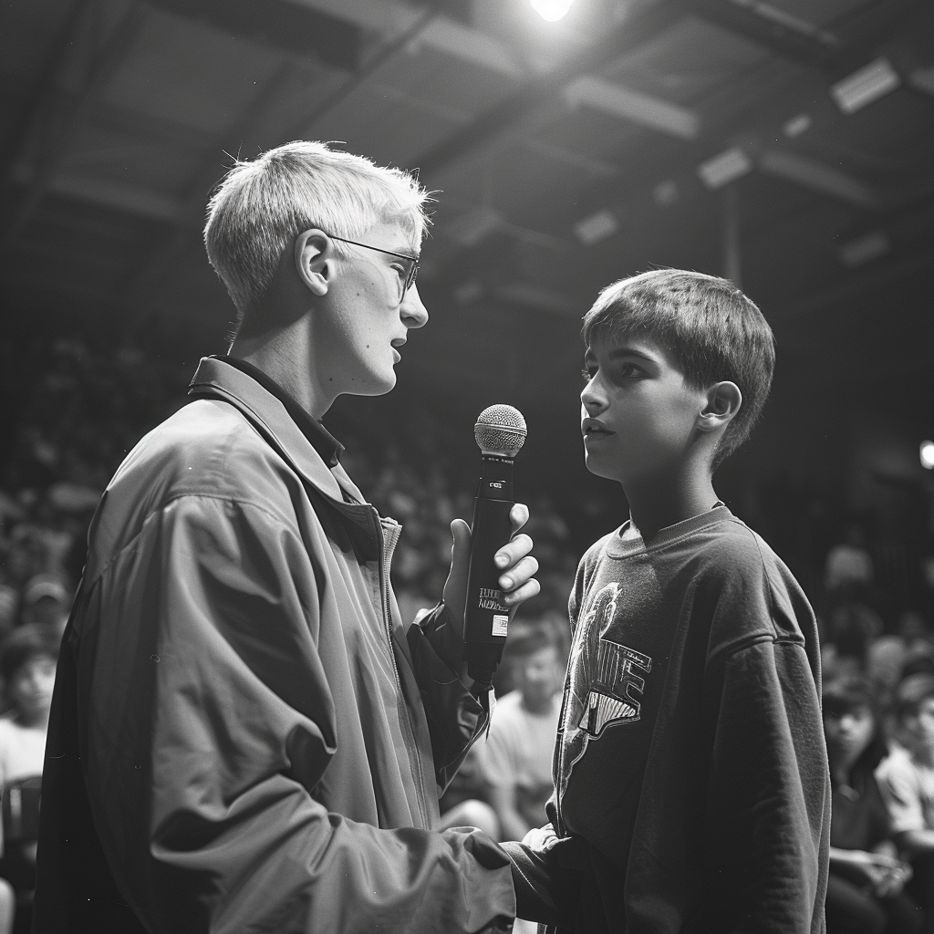 Un commentateur de basket-ball tend le micro à Jason | Source : Midjourney