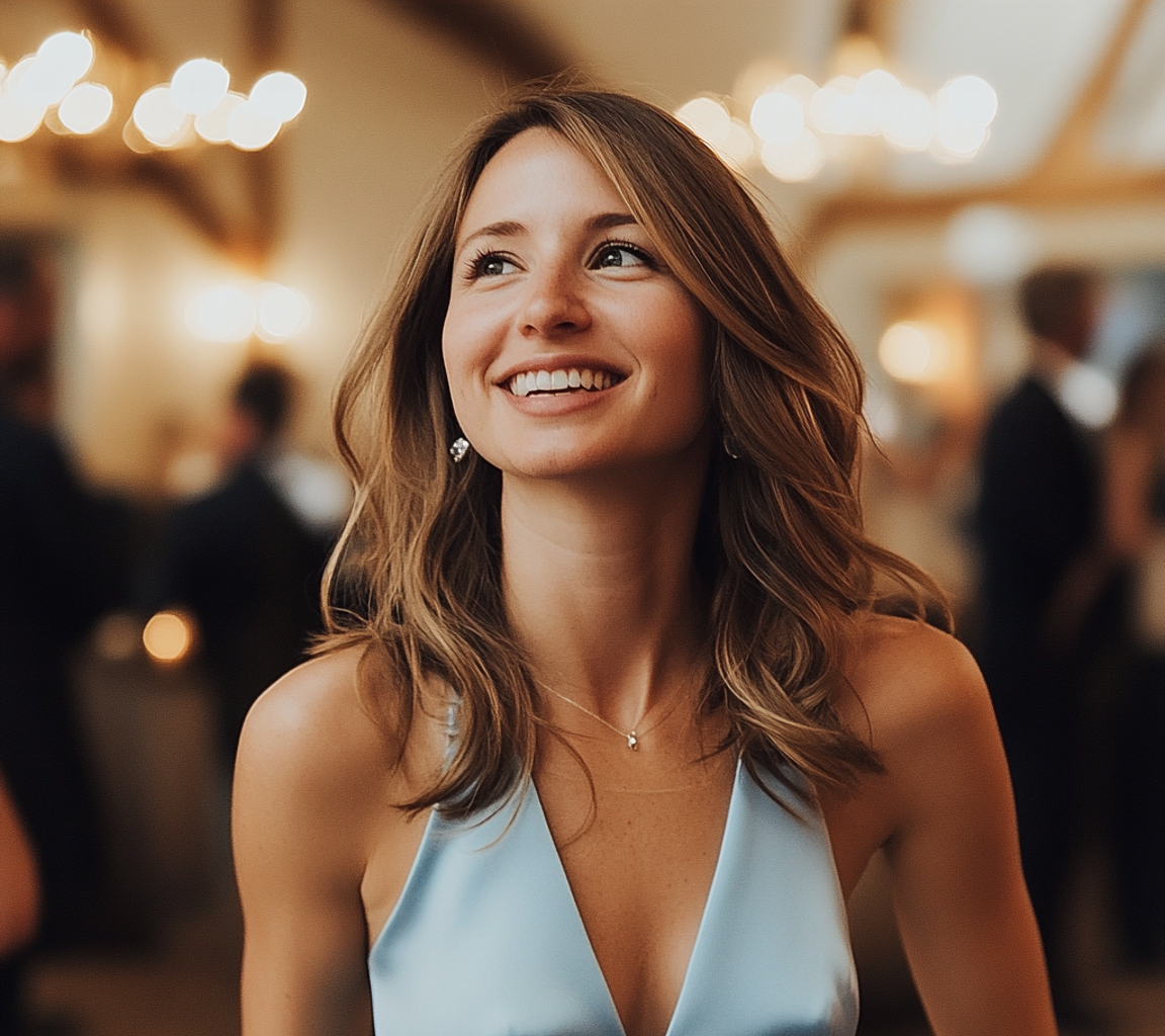 Une femme souriante lors d'une réception de mariage | Source : Midjourney