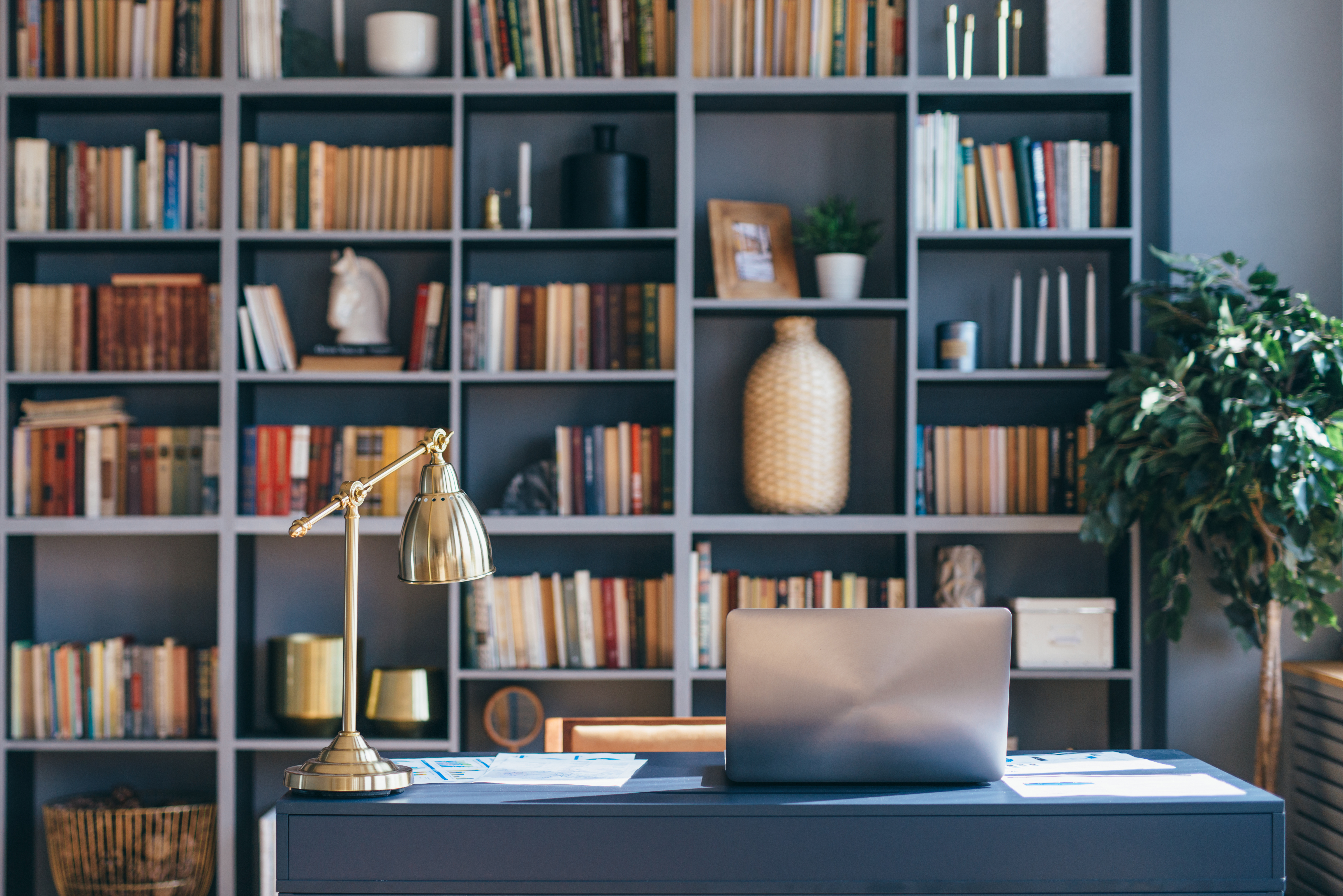 Un bureau privé à domicile avec un ordinateur portable et une étagère avec des livres | Source : Shutterstock