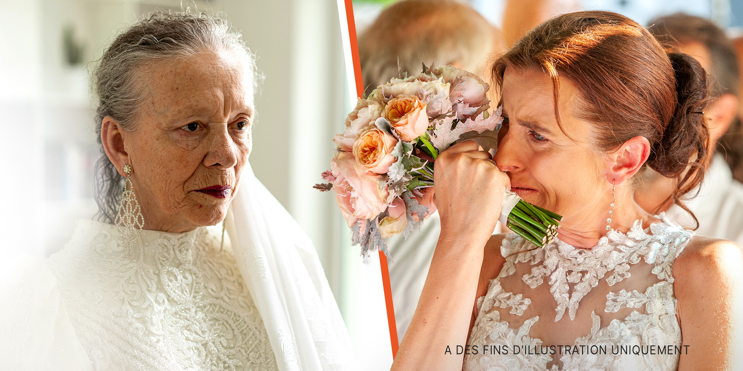 Femme âgée en robe de mariée | Jeune mariée en pleurs | Source : Getty Images