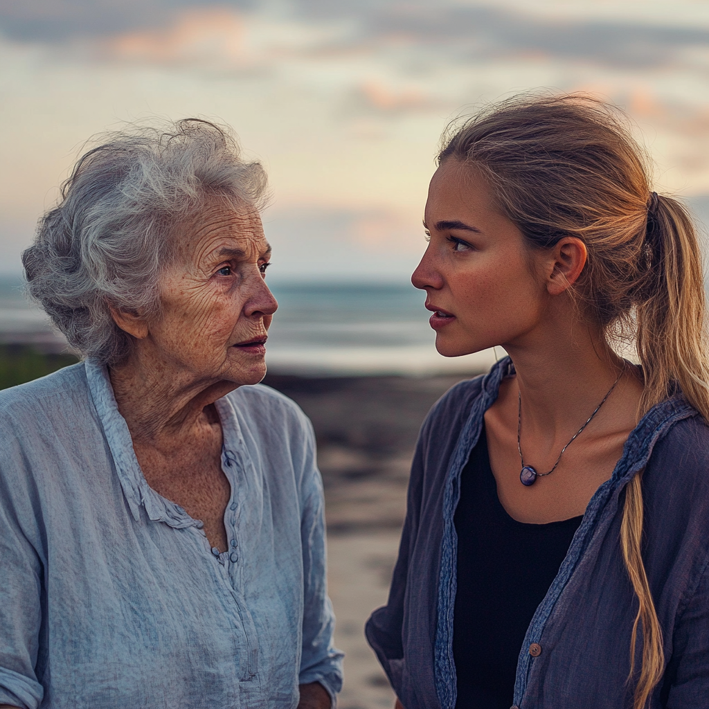 Deux femmes discutent sur une plage | Source : Midjourney