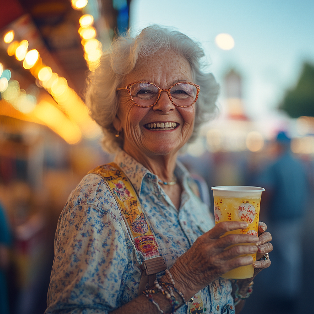 Une femme qui rit en tenant une limonade | Source : Midjourney