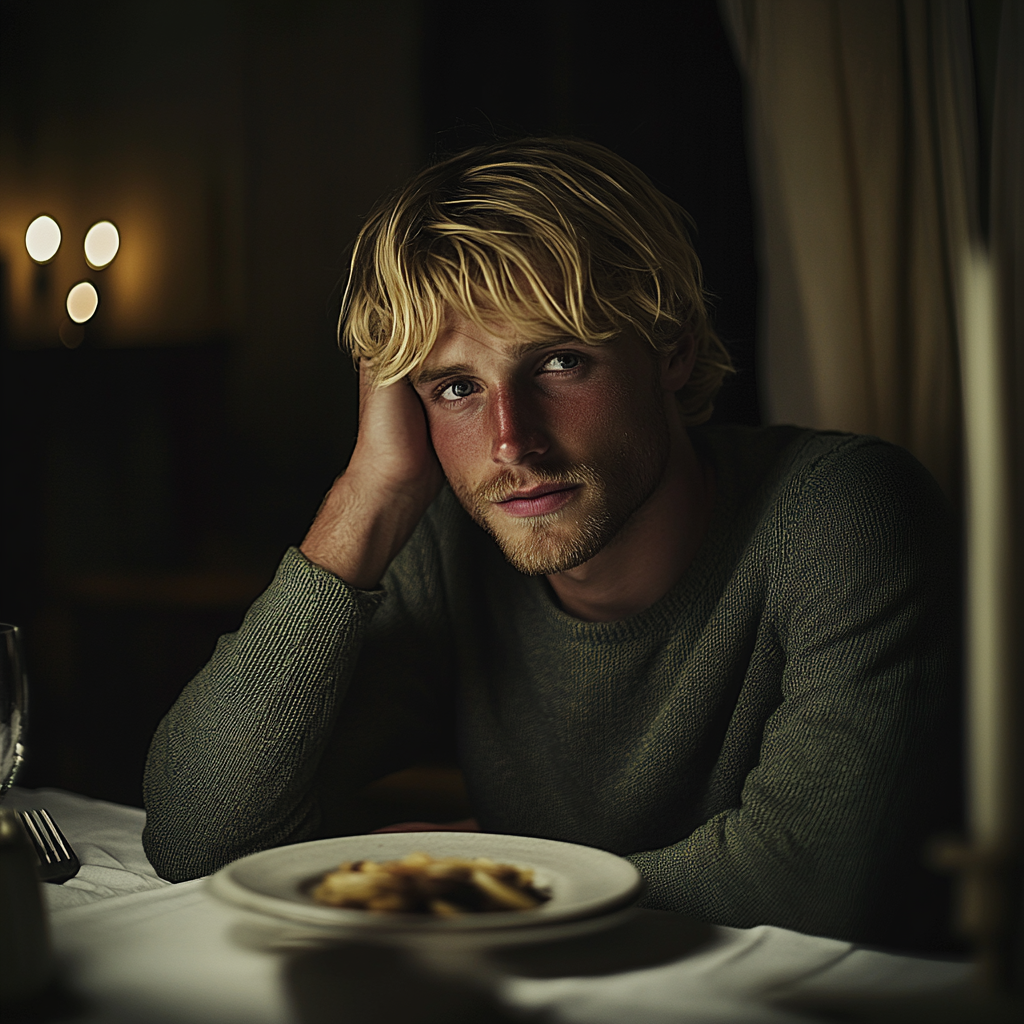 Un homme penaud à une table de dîner | Source : Midjourney