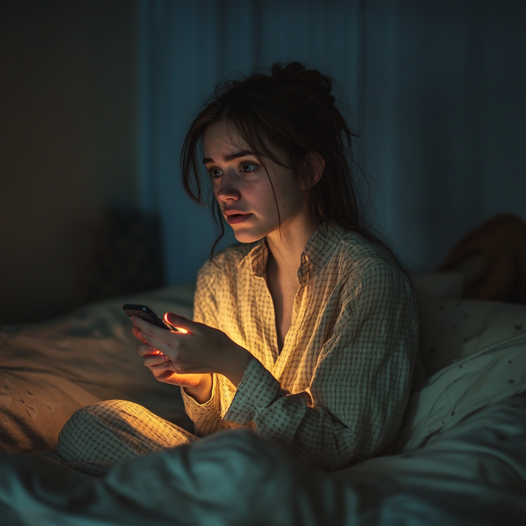 Une femme déconcertée qui regarde son téléphone | Source : Midjourney