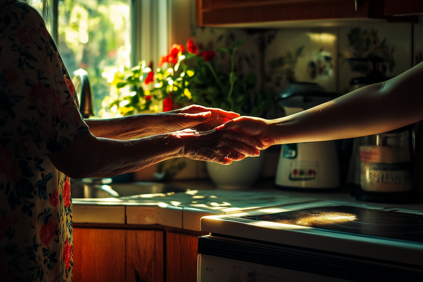 Femme d'une cinquantaine d'années tapotant la main d'une femme d'une trentaine d'années dans la cuisine | Source : Midjourney