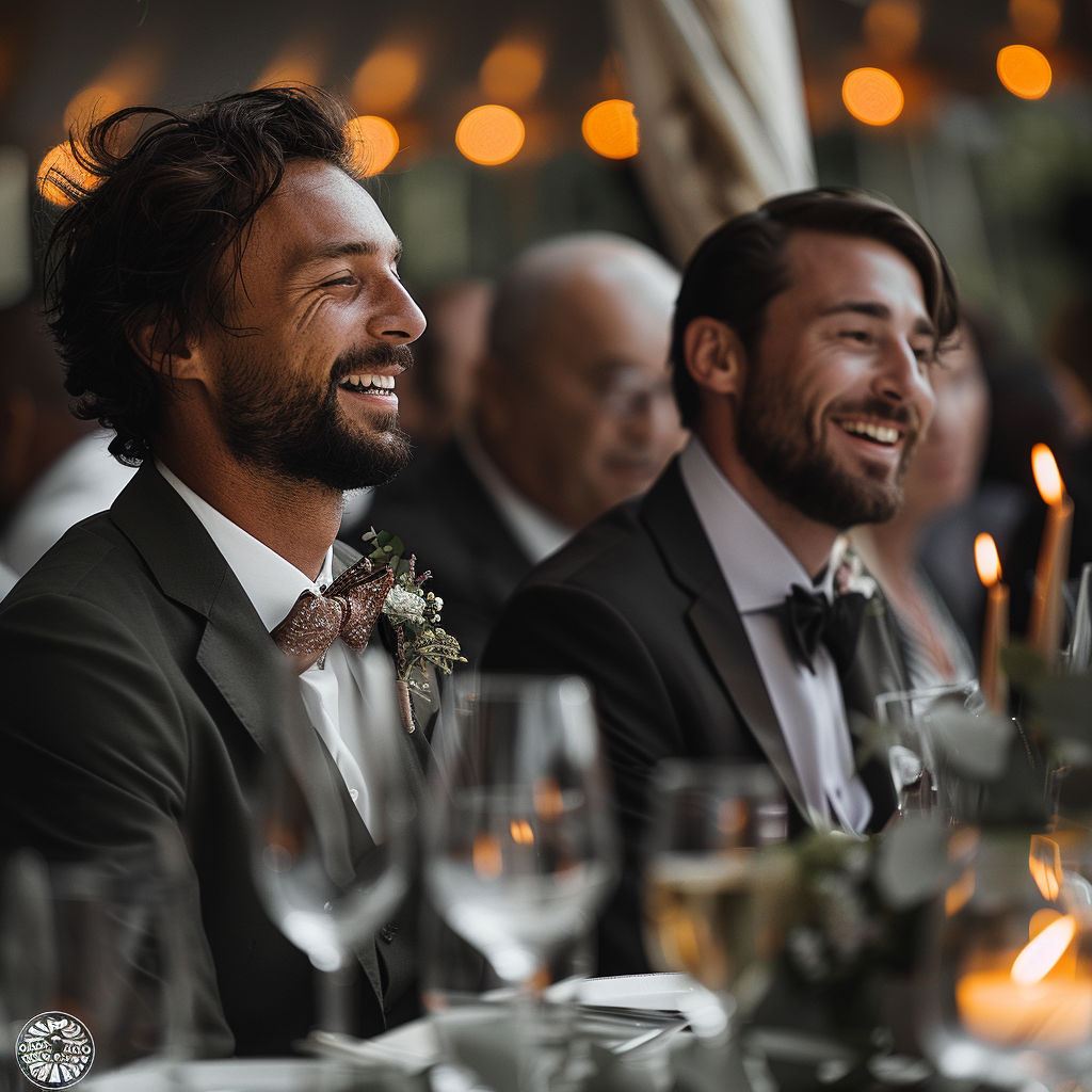 Des hommes rient à table | Source : Midjourney