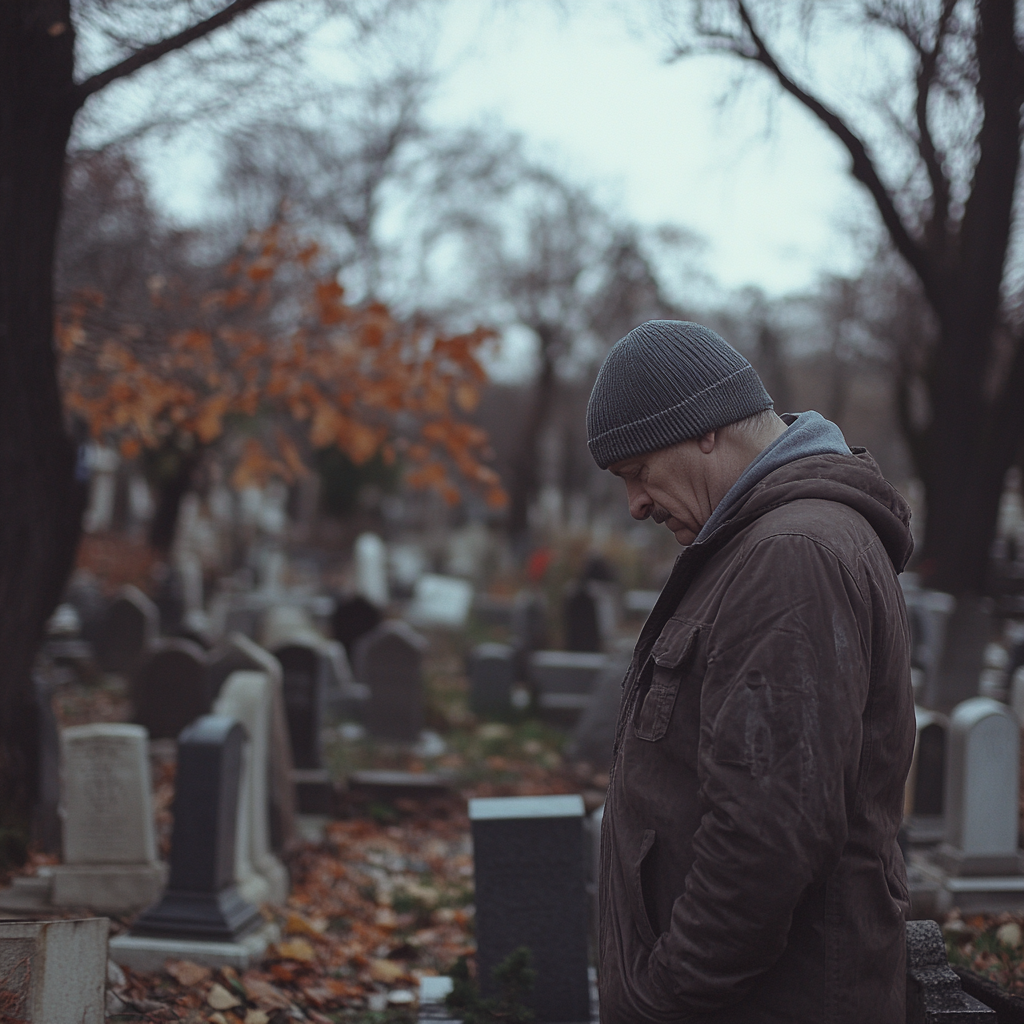 Un homme en deuil dans un cimetière ⏐ Source : Midjourney