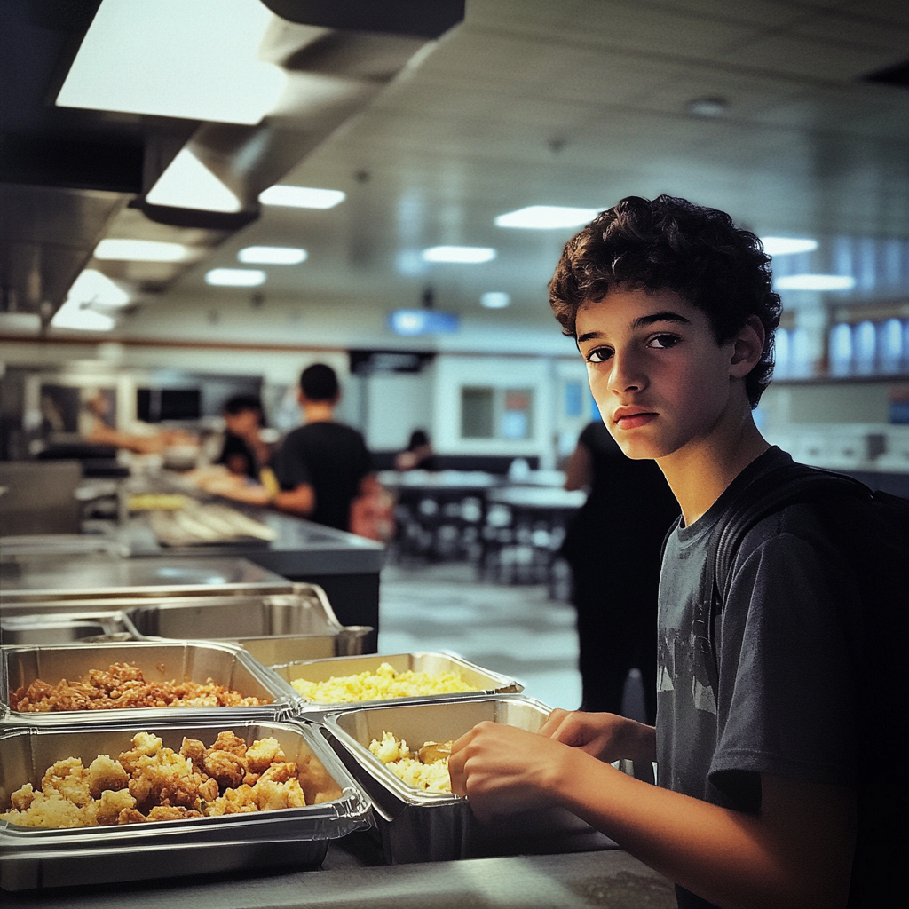 Un garçon à la cafétéria d'une école | Source : Midjourney