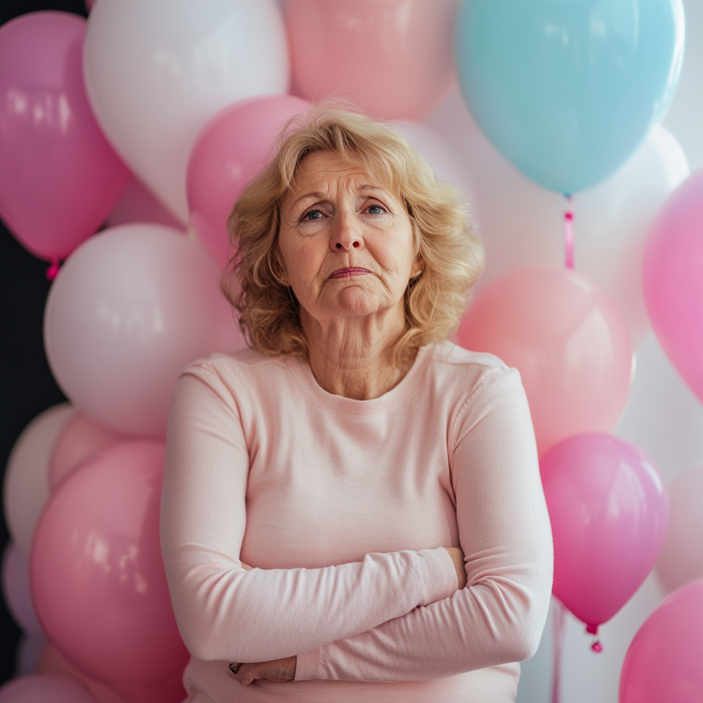 Femme aux bras croisés et à l'expression sévère se tenant sur un fond de ballons | Source : Midjourney