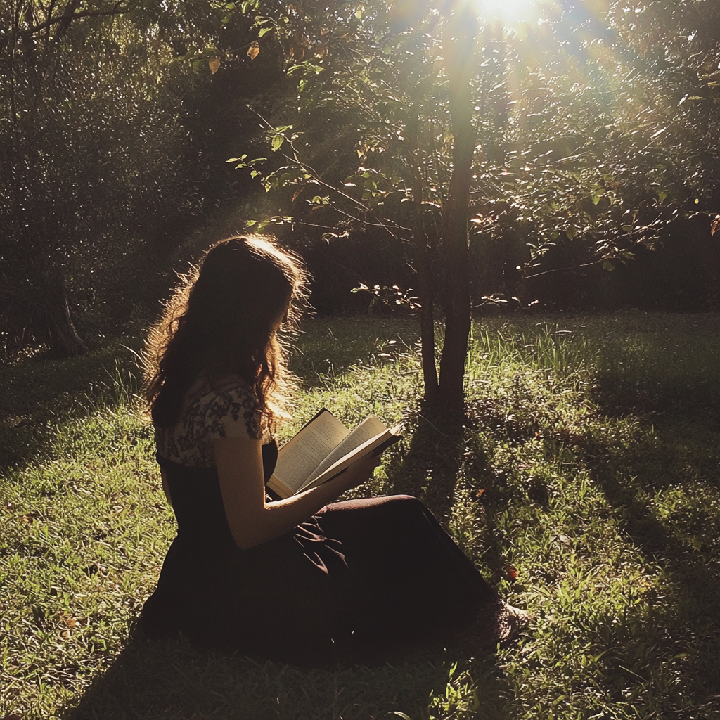 Une femme lisant sur l'herbe | Source : Midjourney