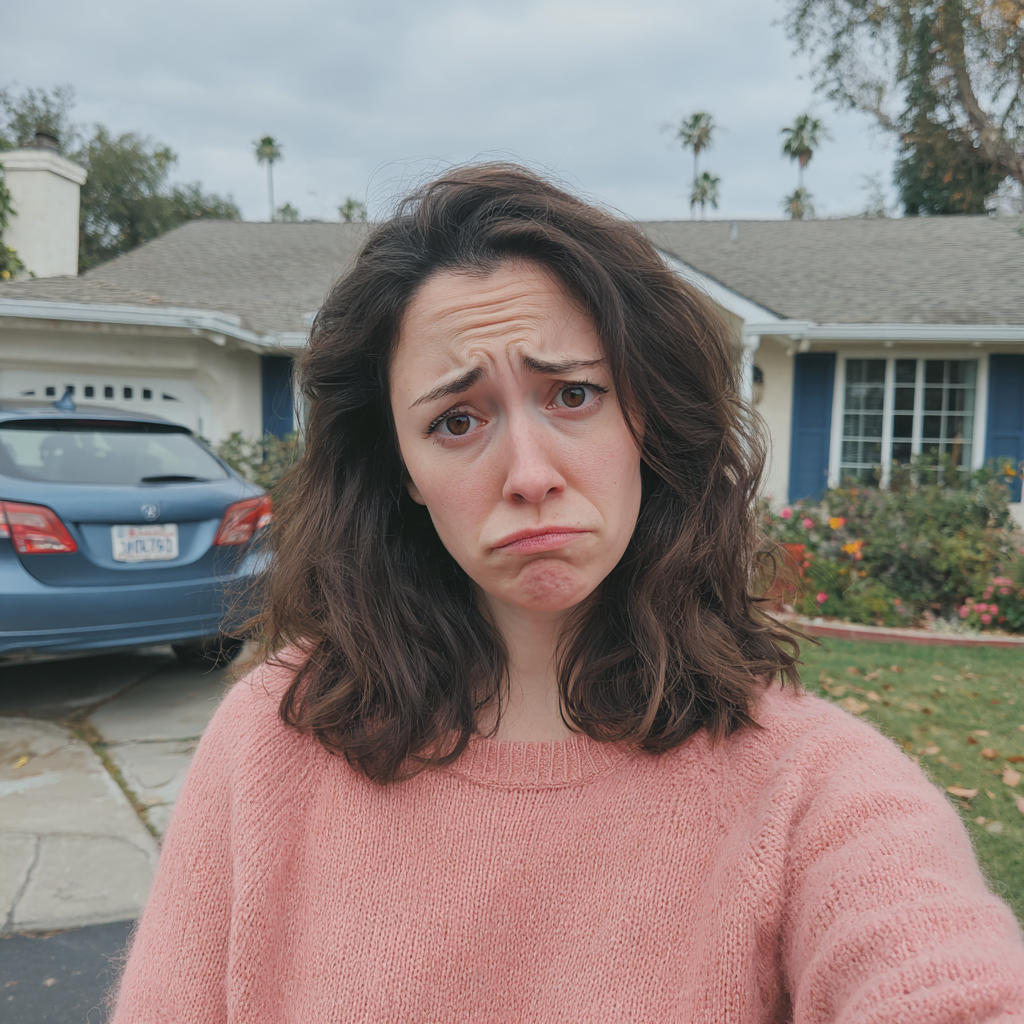 Une femme bouleversée se tenant devant une maison | Source : Midjourney