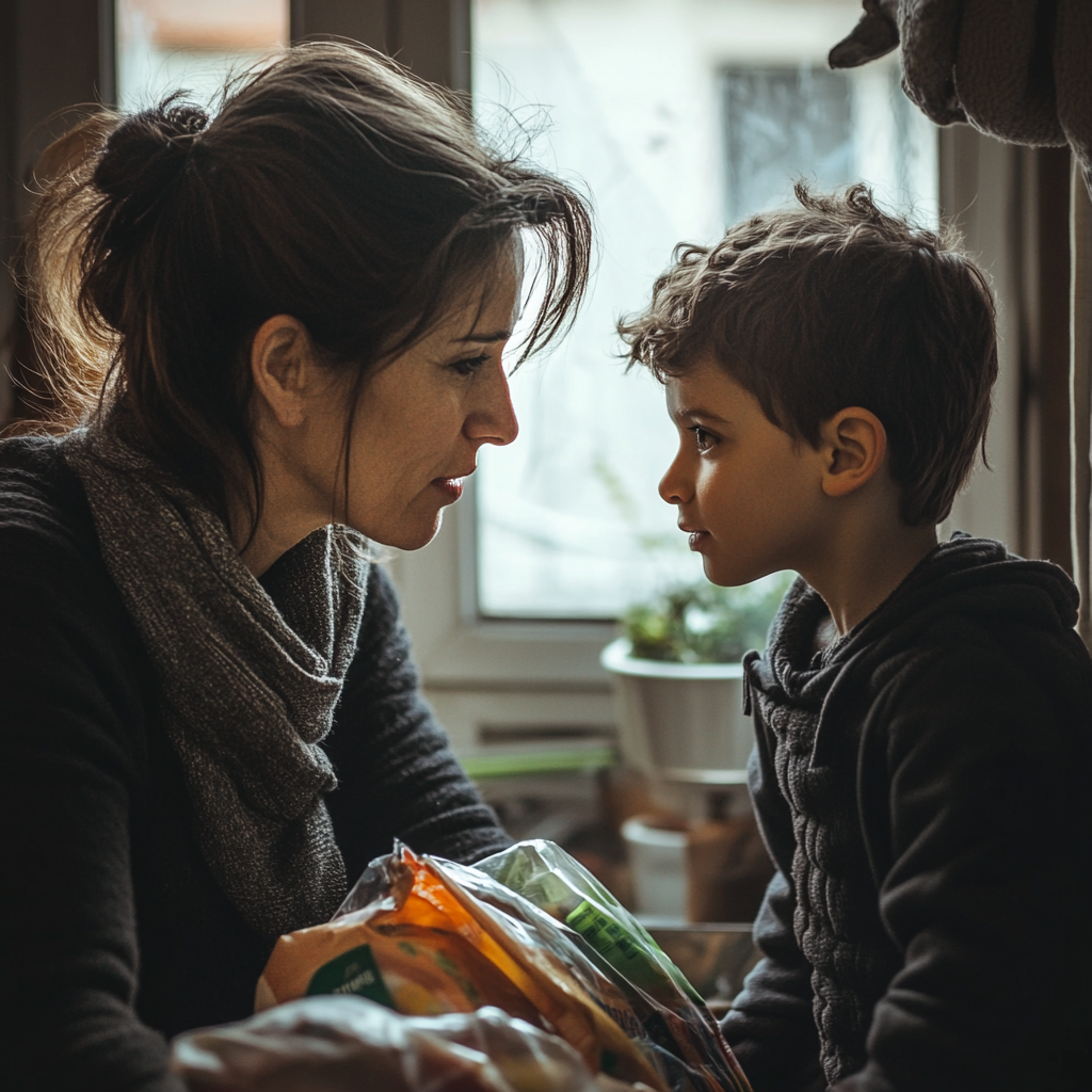 Une femme empathique qui tend un sac de provisions à un jeune garçon | Source : Midjourney