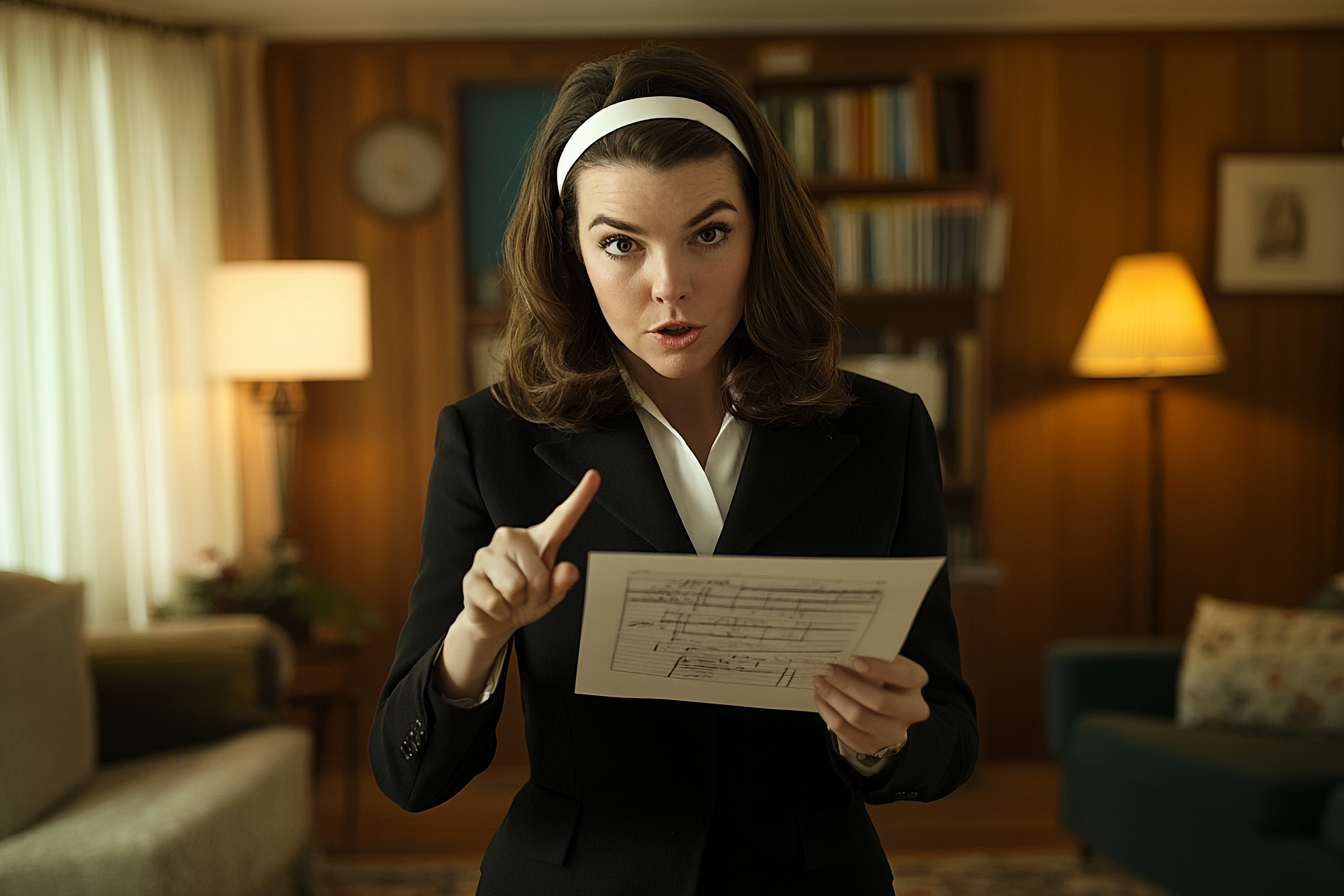 Femme d'une trentaine d'années pointant un papier dans ses mains dans le salon | Source : Midjourney