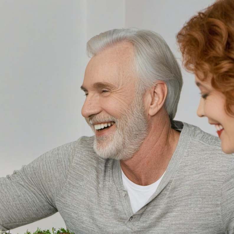 Un homme âgé souriant joyeusement au cours d'une conversation autour d'un dîner | Source : Midjourney