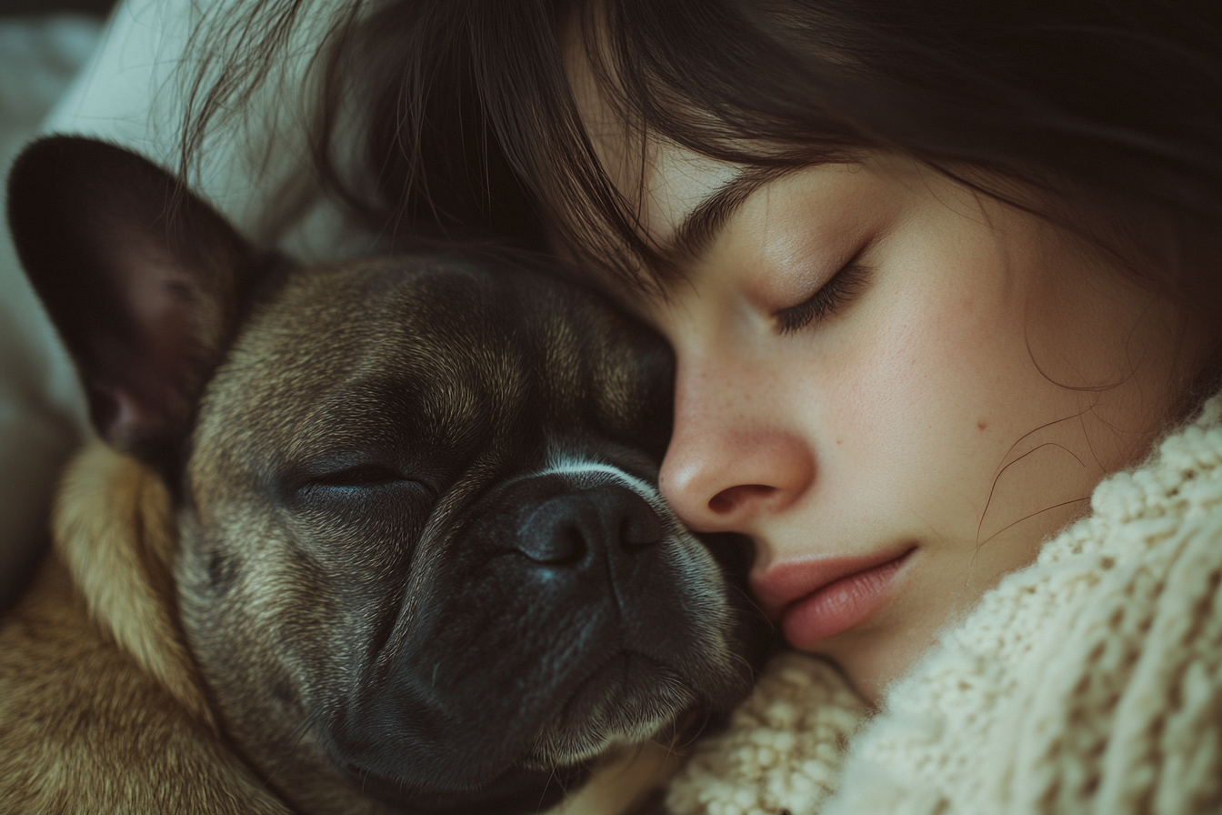 Femme triste allongée dans son lit à côté de son chien | Source : Midjourney