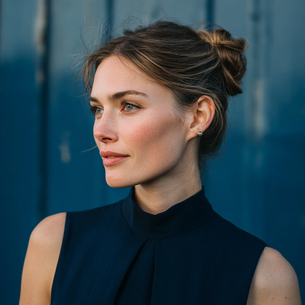 Une femme souriante avec les cheveux en chignon | Source : Midjourney