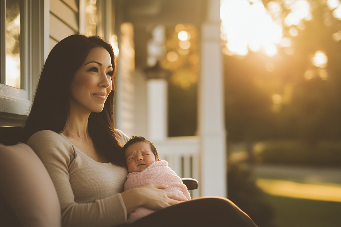 Une femme est assise sous un porche, tenant un bébé dans une couverture rose, l'air ému. | Source : Midjourney