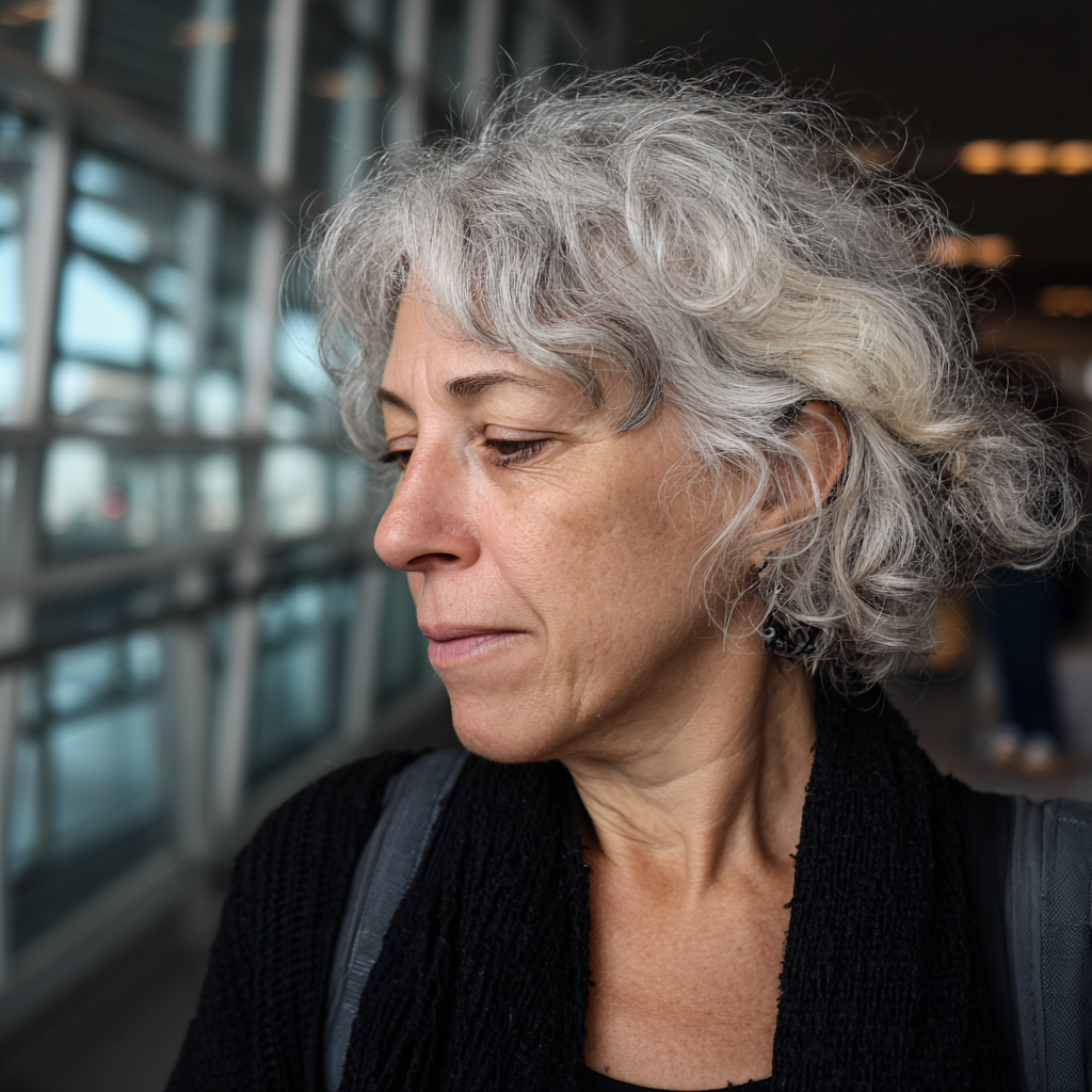 Une femme âgée se tenant dans un aéroport et portant un cardigan noir | Source : Midjourney
