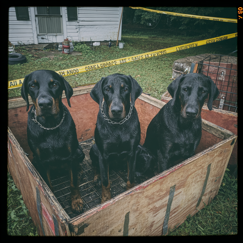 Trois chiens assis dans une caisse en bois | Source : Midjourney
