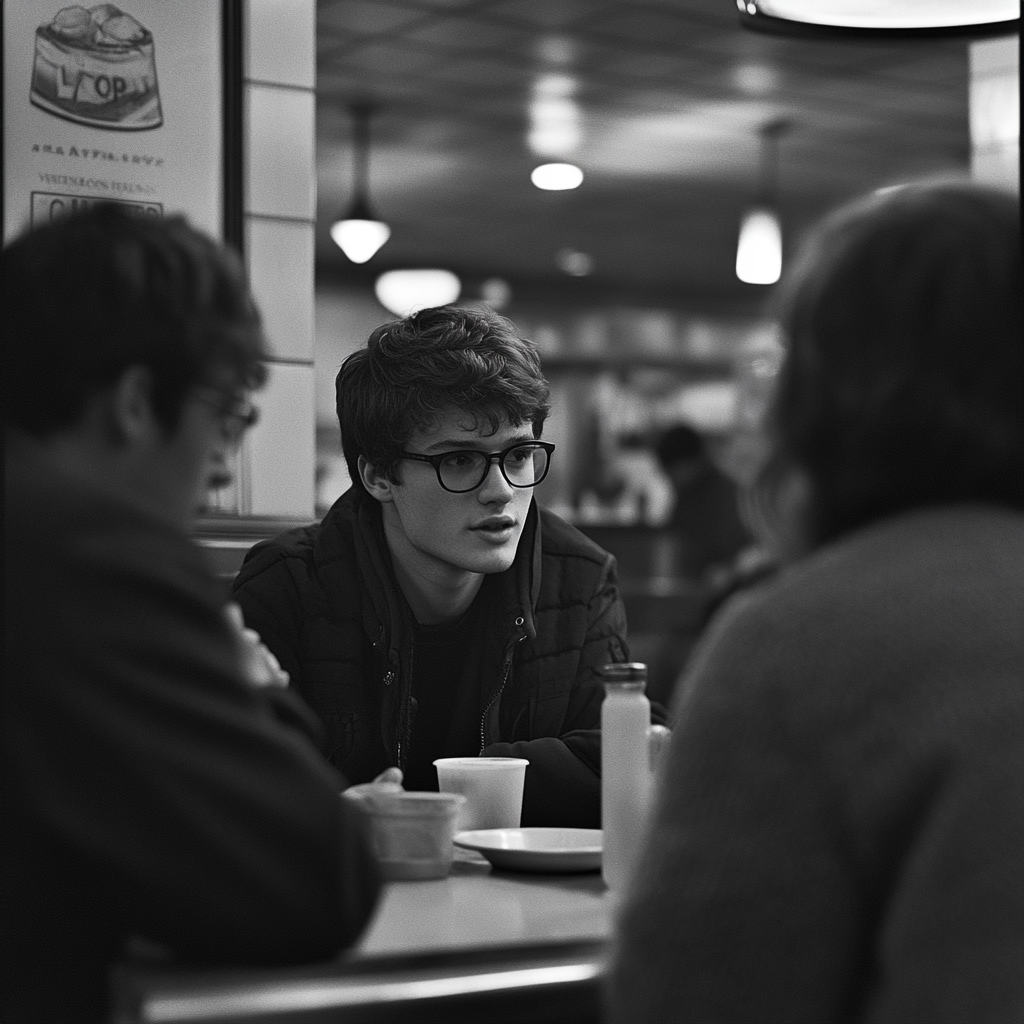 Un jeune homme dans un diner discutant avec son personnel | Source : Midjourney