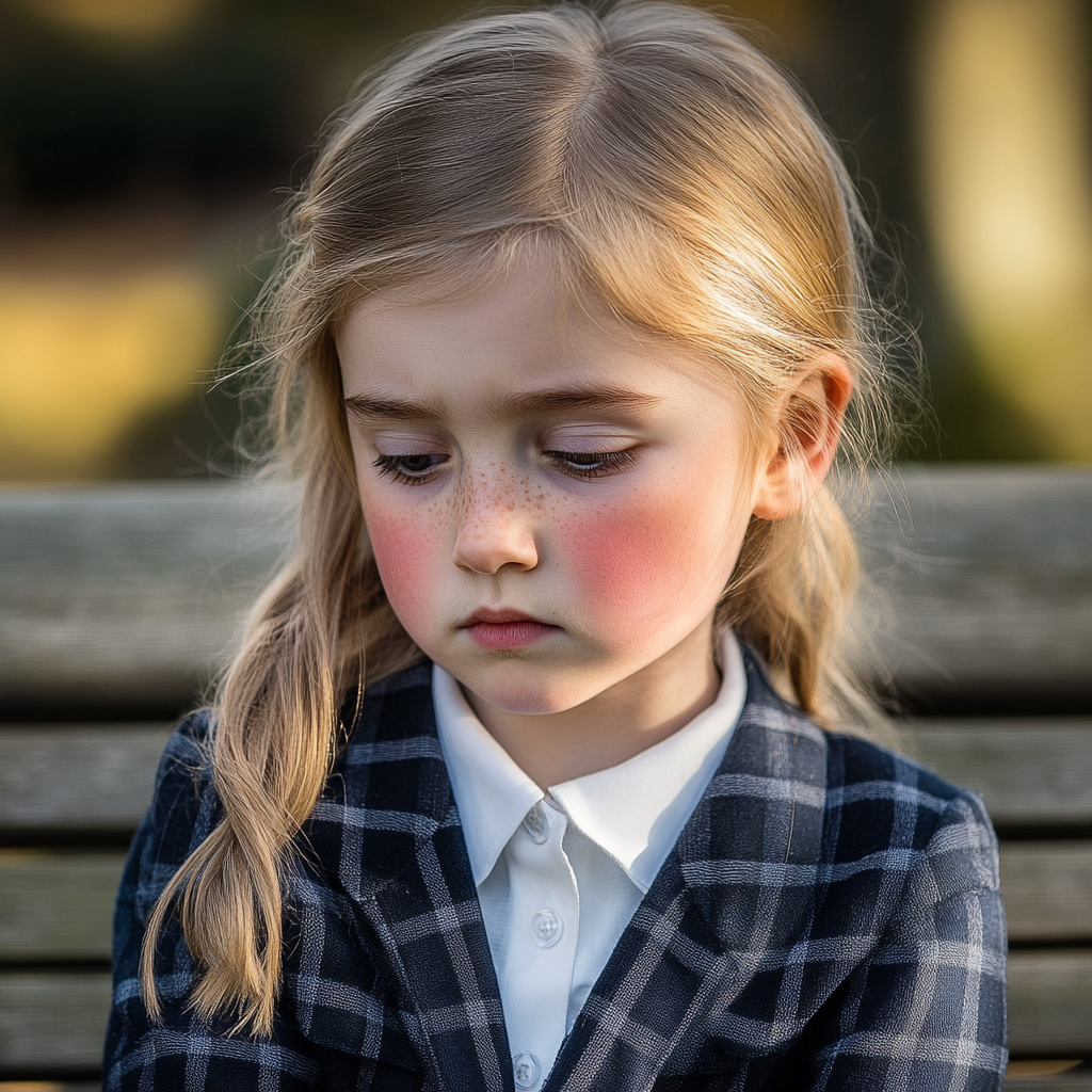 Une petite fille assise sur un banc et regardant vers le bas | Source : Midjourney