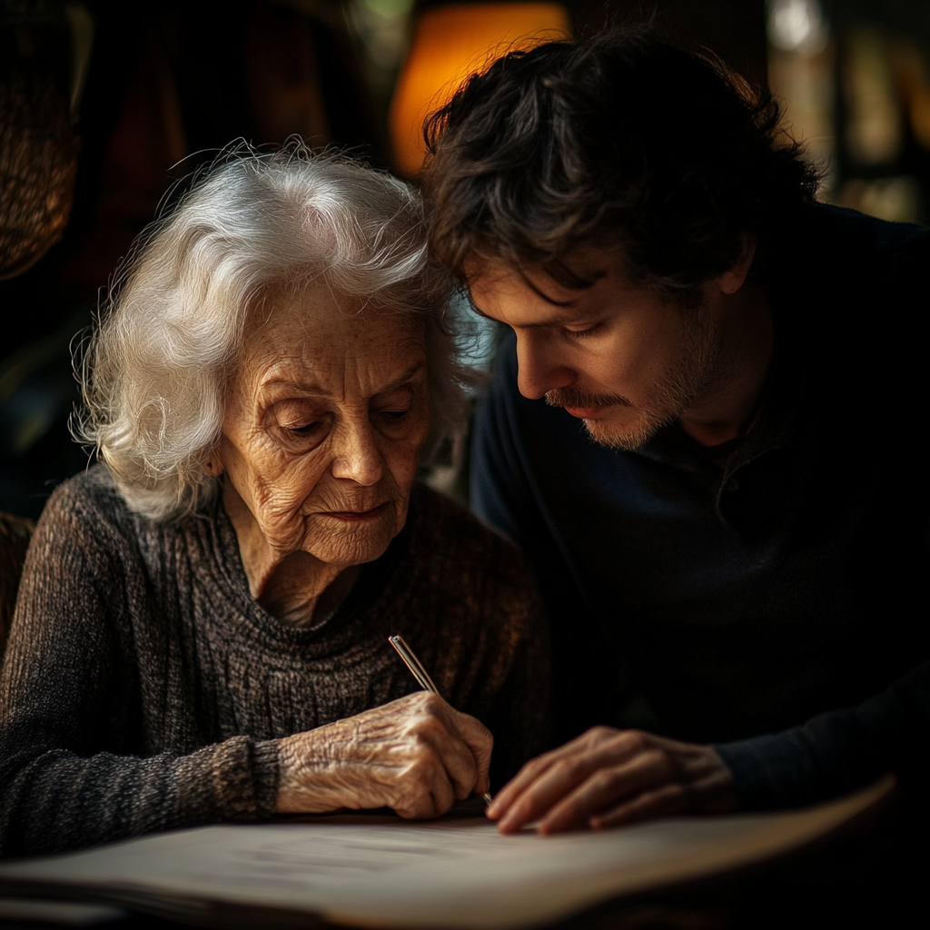 Une femme âgée signe un document sous le regard de son petit-fils | Source : Midjourney