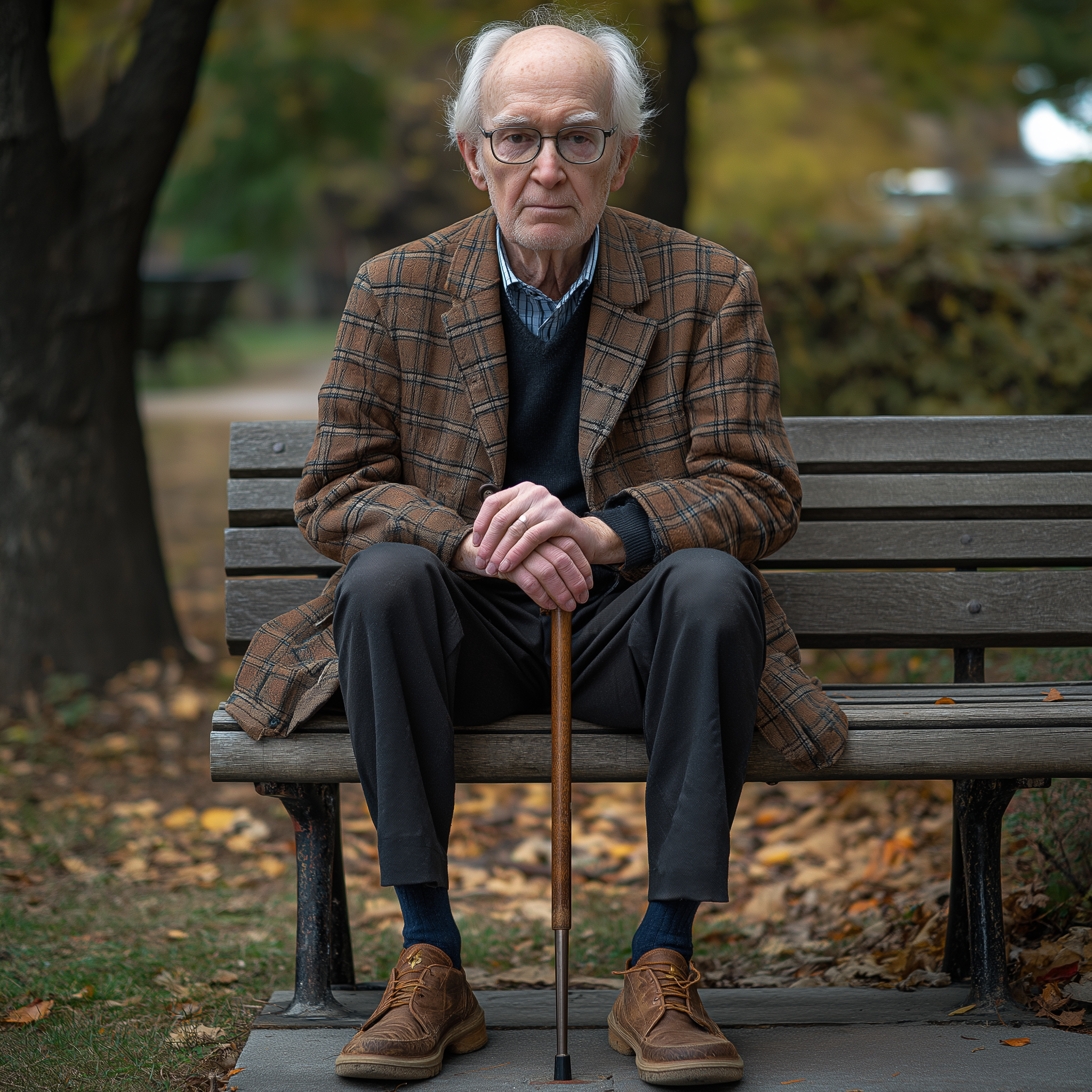 Un homme âgé à l'allure frêle assis sur un banc | Source : Midjourney