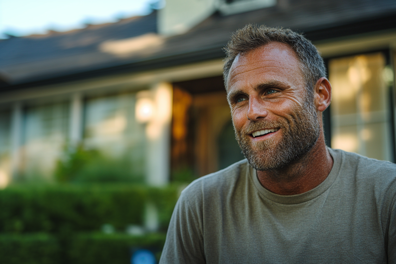 Un homme debout devant sa maison, souriant | Source : Midjourney