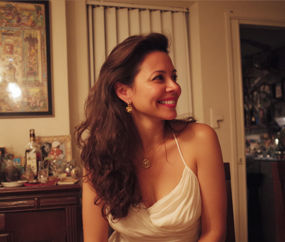 Une femme amusée assise à une table | Source : Midjourney