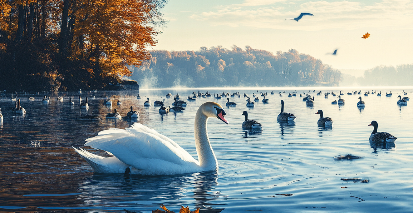 Un cygne nageant sur un lac avec d'autres oiseaux aquatiques | Source : Midjourney