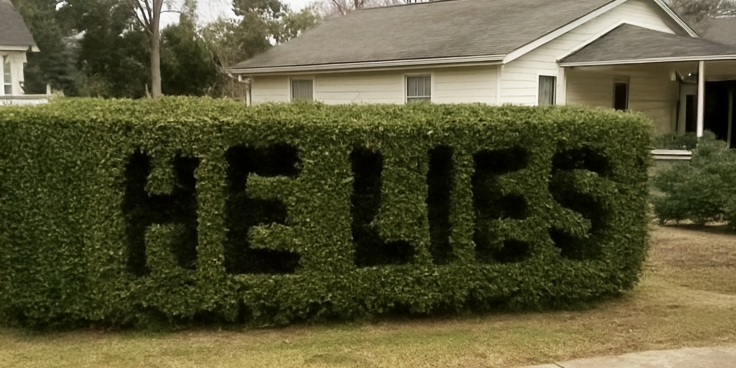 Les mots "IL MENT" gravés dans une grande haie soigneusement taillée devant une maison de banlieue | Source : The Celebritist