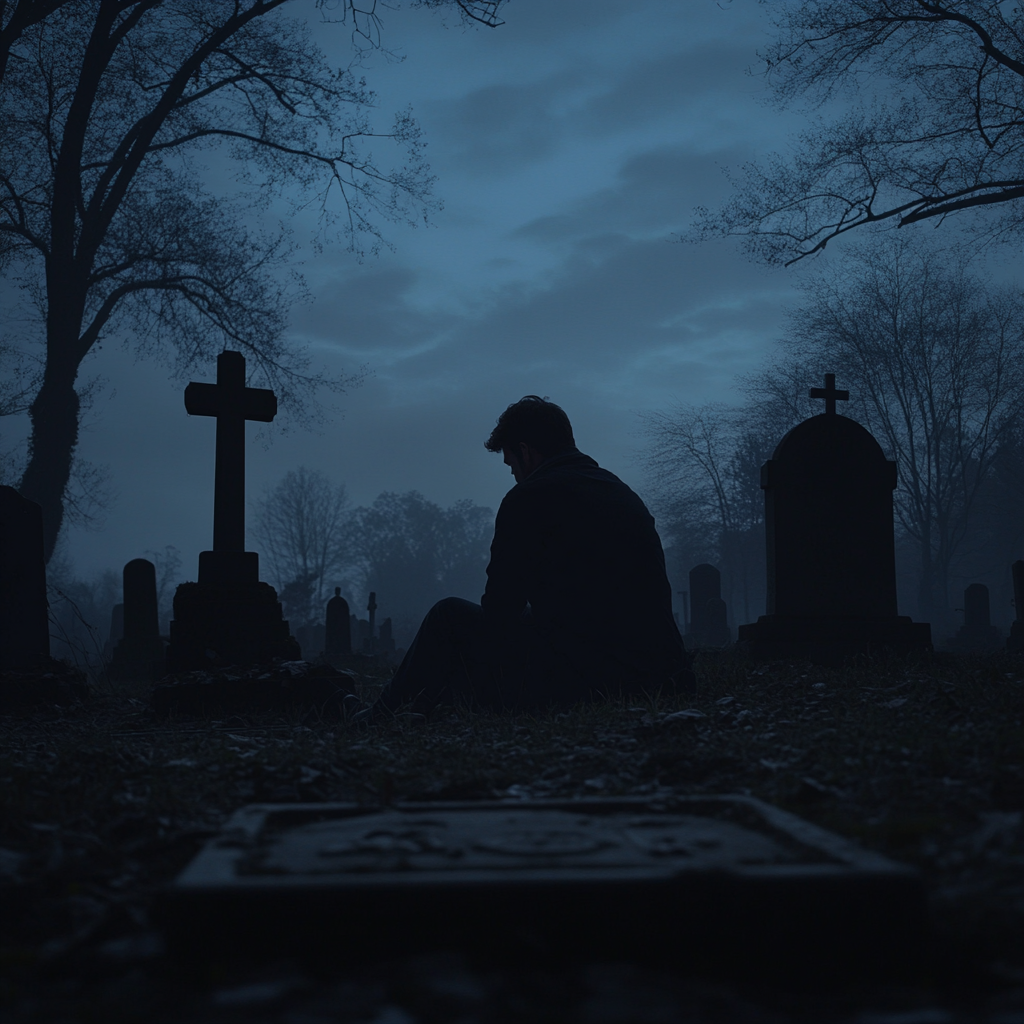 Un homme assis dans un cimetière | Source : Midjourney