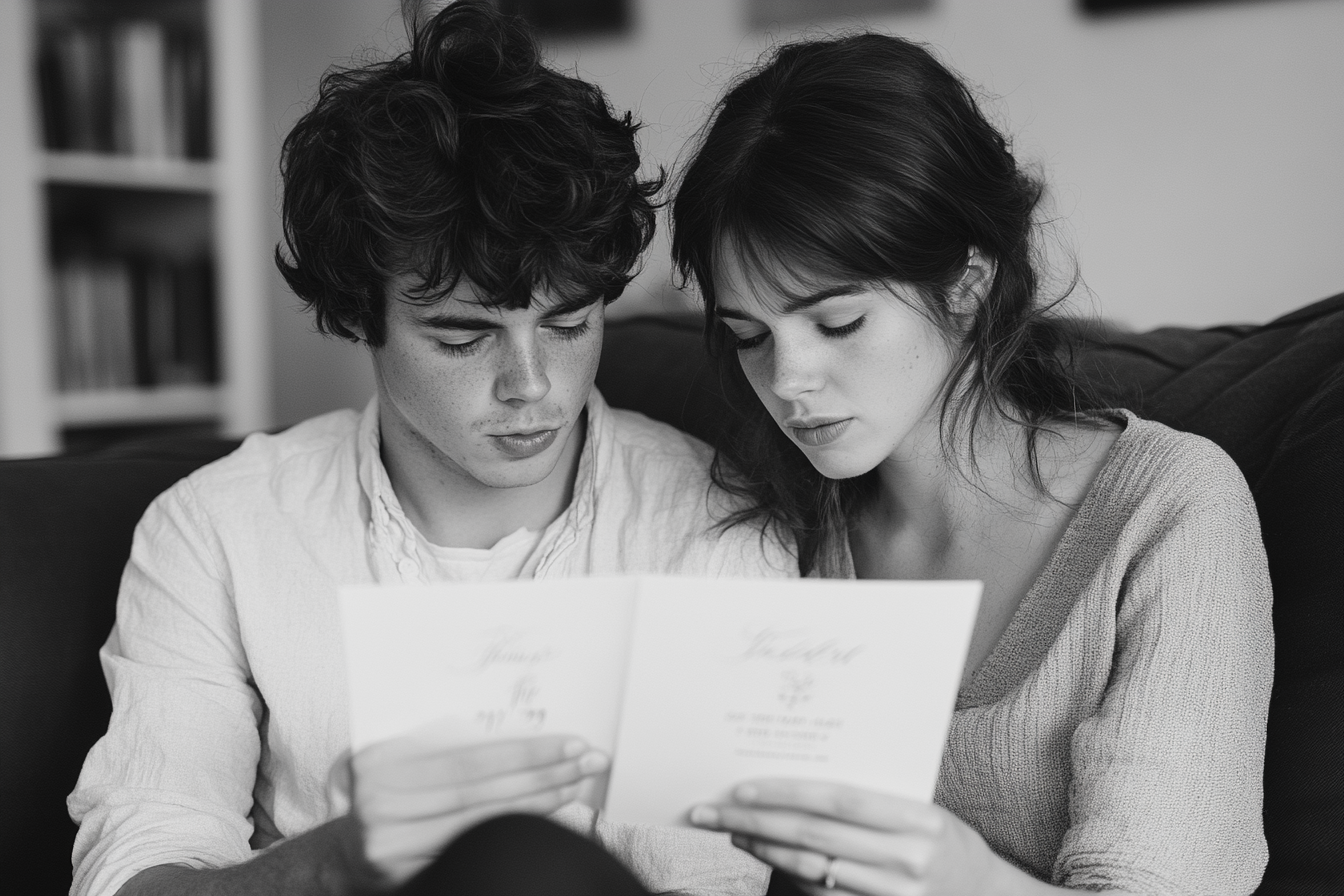 Couple regardant une carte d'invitation de mariage | Source : Midjourney