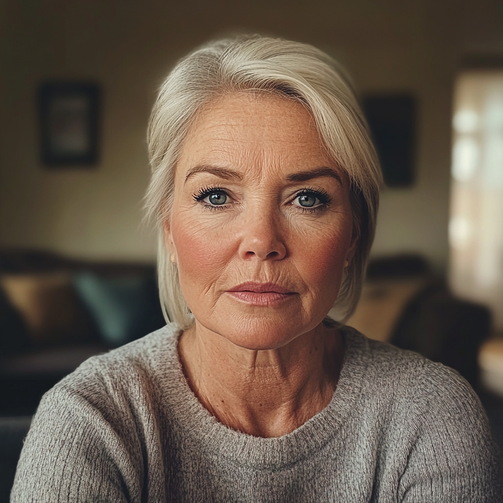 Une femme sérieuse dans son salon | Source : Midjourney