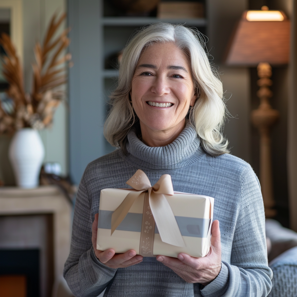 Une femme âgée souriante tenant un paquet cadeau | Source : Midjourney